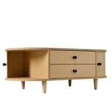 Table basse ronde avec portes enroulables, table basse à 2 tiroirs, table d'appoint, table de salon en MDF, console avec pieds en bois massif, 100 * 50 * 36 cm, charge maximale 50 kg - Bois naturel - Voir 11