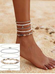 /piezas de pulseras de tobillo bohemias con cuentas de concha, elásticas ajustables con dijes de estrella de mar, joyeríde playa en capas para mujer, para usar en vacaciones de verano. - A5 - Ver 8