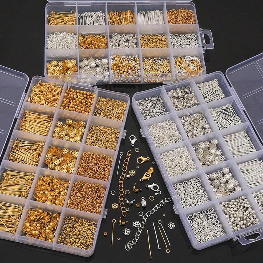 1200pcs Bracelet Making Kit, 15-Compartment Storage Box, Alloy Beads Jewelry Accessories Set, Gold/Silver/Mixed Color, DIY Handmade Gift, Suitable For Beginners