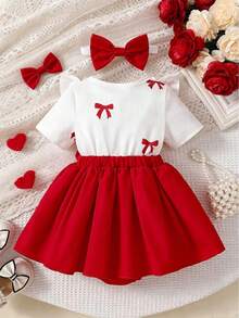 HAO6 Baby Girl Newborn Spring/Summer Infant Girls Romper, Round Neck Short Sleeve Ruffle Design With Bowknot Floral Pattern And Waist Bowknot Decoration, Matching Headband, Sweet And Cute Style - Red - View 2