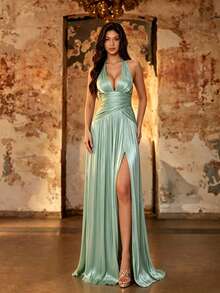 Summer Elegant Satin Mint Green Shiny Pleated Slit A-Line Maxi Dress, Evening Prom Gown For Women Wedding, Party, Vacation, Festival, Going Out - Mint Green - View 5