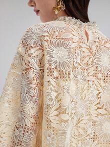 Rich Radi Q's Women's Elegant Beige Floral Lace Bell Sleeve Blouse, Fashionable Cheongsam Style Top, Suitable For Special Occasions - Beige - View 8