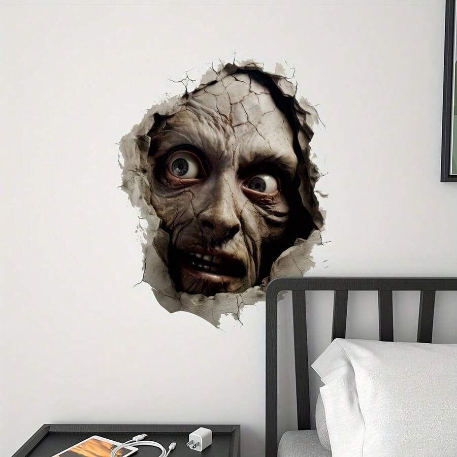 1/3 piezas Pegatinas de pared con cara de zombi agrietada y aterradora, calcomanías removibles e impermeables de pared rota de terror, decoración de casa embrujada espeluznante para Halloween, dormitorio, puerta, interior del hogar, regalo - Pegatinas de terror - Ver 1