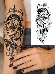 Big Size Body Art Fake Tattoos For Women, Black Beautiful Women And Skull Patterns, Waterproof Fake Tattoos, Last 2-5 Days, Cover Scars, Use On Arms, Chest, Waist, Back And Legs - Black - View 5