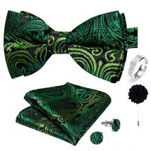 Set Aksesori Pria Jacquard Paisley Hijau 5 Buah, Dasi Kupu-kupu, Sapu Tangan Saku, Manset, Cincin, Bunga Kancing Jas, Pola Manset Acak, Untuk Pengantin Pria Pernikahan - Hijau - View 2