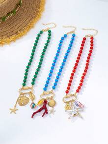 1pc Fashionable Ocean Style Acrylic Dopamine Color Beads Starfish Shell Necklace Suitable For Women Summer Vacation Party Wear - Ocean - View 3