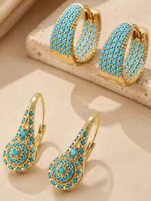 2 Pairs/Set Fashionable Elegant Women's Earrings With Turquoise Inlay, Bohemian Style U-Shaped Hoop Earrings, Suitable For Daily Wear, Banquet, Party, Travel, Vacation, Decoration - Multicolor - View 2