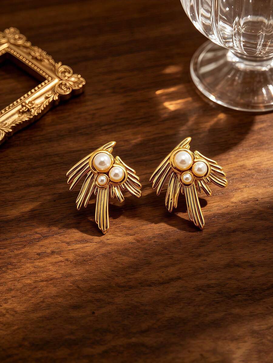 1pc Stainless Steel Gold Wing Shape, Thick Design, Anti-Fading, Inlaid With High-Quality Artificial Pearls, Suitable For Women's Daily Decoration Or Gift - Gold - View 1