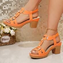 Sandal Wedges Platform Gesper Warna Solid Retro Wanita Ukuran Besar, Sepatu Pantai, Sepatu Musim Panas - Jeruk - View 8