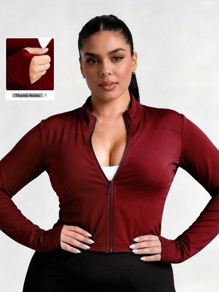 Plus Size Women Full Zip Sports Jacket, Solid Color Slim Fit High Elasticity With Thumb Hole, Suitable For Commuting, Yoga, All-Day Wear - Red - View 1