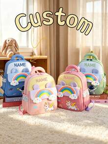 1pc Mini Back To School Personalized Customized Fashionable Cute Cartoon Rainbow, Unicorn, Astronaut Theme Backpack, Zipper Closure Nylon Material, Adjustable Shoulder Straps, Handheld, Suitable For School, Shopping, Outdoor Travel, Daily Use. Birthday Gift. - Multicolor - View 2