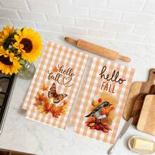 2pcs Autumn Theme Orange Plaid Butterfly Maple Leaf Robin Pattern Kitchen Towels, Rectangular Microfiber Kitchen Towels, Dish Cloths, Scouring Pads, Hand Towels, Cooking Baking Tea Towels, Kitchen Decor, Housewarming Gifts, Birthday Gifts, Bathroom Cleaning Wipes, Decorative Towels - Multicolor - View 7