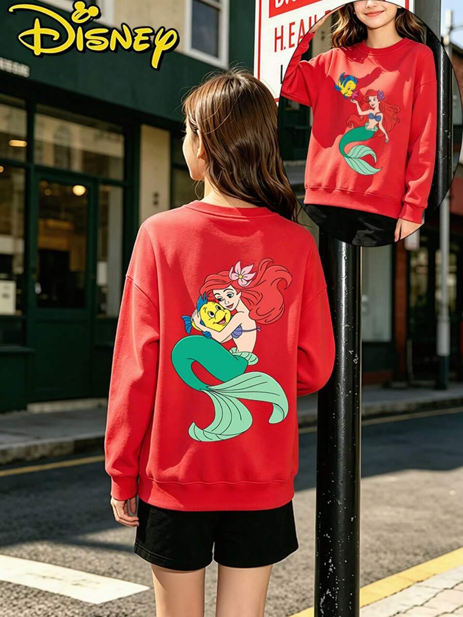Teen Girl Clothes Disney Ariel Cute Ocean Fish Double Sided Print Loose Fit Crewneck Sweatshirt - Red - View 1