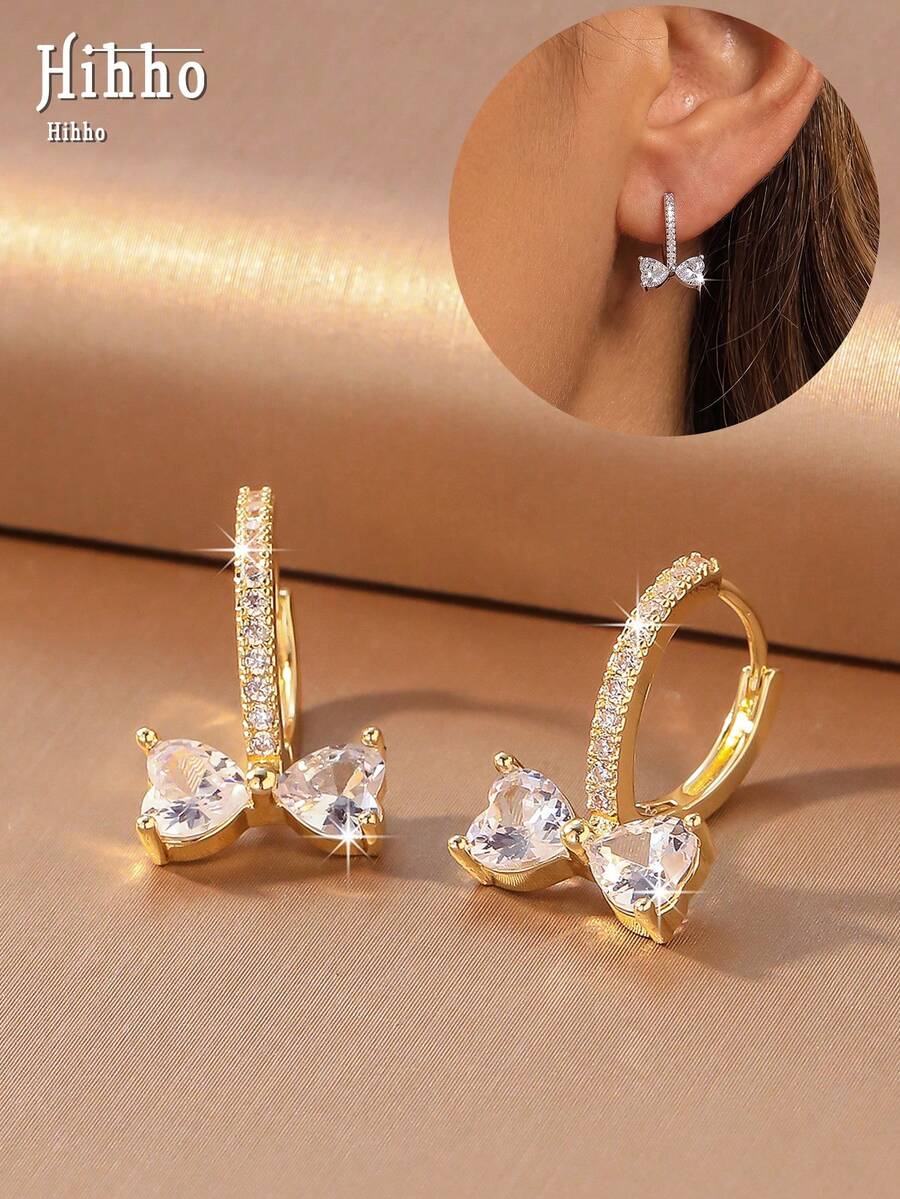 Hihho 1 Pair Heart-Shaped Zirconia Bow Knot Hoop Earrings, Luxury Full Zirconia Stud Earrings, Niche High-End Versatile Earrings For Girls, Elegant And Versatile, Eye-Catching Accessories For New Year's Eve Party, Suitable For Prom, Dinner, Date Wear - Bow - View 1