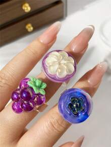1pc/3pcs Colorful Purple Grape, Mangosteen, Blueberry Artificial Fruit Shaped Women's Ring, Cute Realistic Fruit Ring Creative Fashion Accessory - Purple - View 5