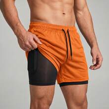 2-In-1 Double Sports Dry Fit Shorts With Pocket Gym Shorts Sports Shorts - Orange - View 1