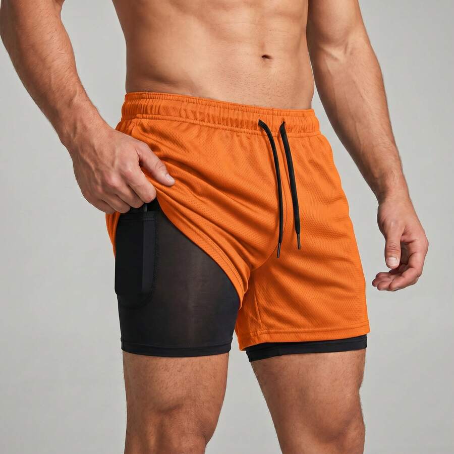 2-In-1 Double Sports Dry Fit Shorts With Pocket Gym Shorts Sports Shorts - Orange - View 1