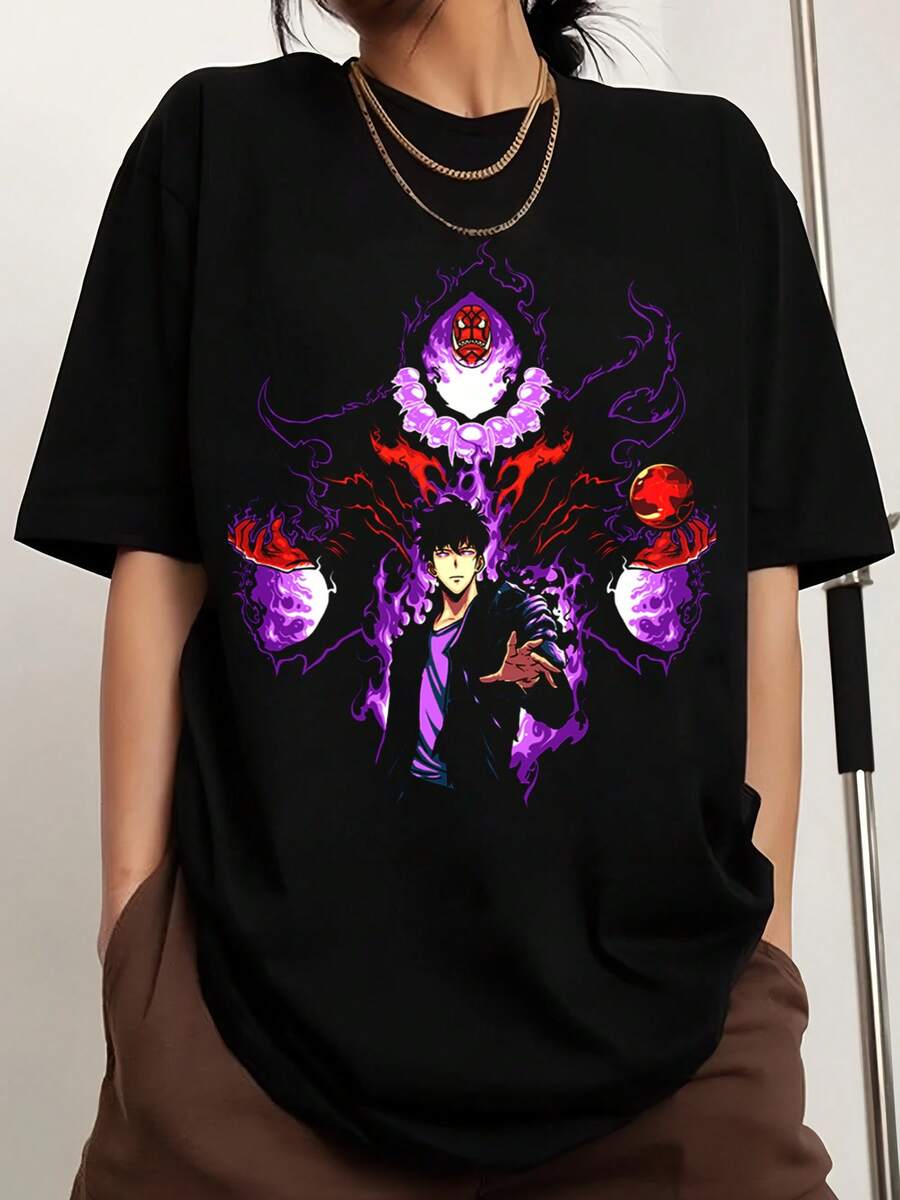 Solo Leveling – Sung Jinwoo,Vintage Solo Leveling Arise Sung Jin-Woo Manhwa Streetwear Tshirt - Schwarz - Übersicht 1