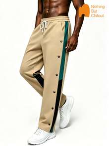 NBCT American Style Side Button Patchwork Contrast Color Men's Sweatpants Straight Leg Long Pants Elastic Waist Drawstring Outdoor Daily Wear Loose Casual Sports Pants - Khaki - View 1