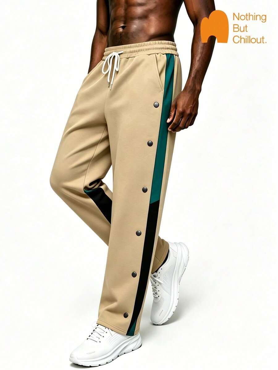 NBCT American Style Side Button Patchwork Contrast Color Men's Sweatpants Straight Leg Long Pants Elastic Waist Drawstring Outdoor Daily Wear Loose Casual Sports Pants - Khaki - View 1