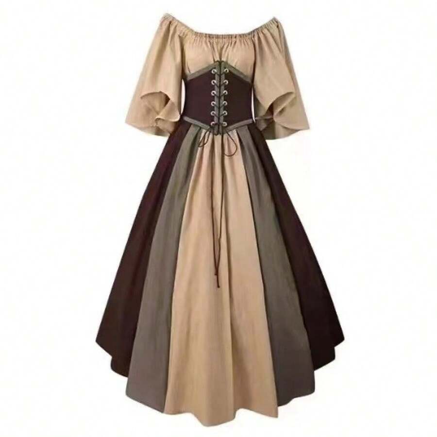 Medieval Retro Style Fitted Dress With Color Blocks, Ruffled Sleeves And A Wide Hem, Ideal For Cosplay And Stage Performances. - Brown Rope - View 1