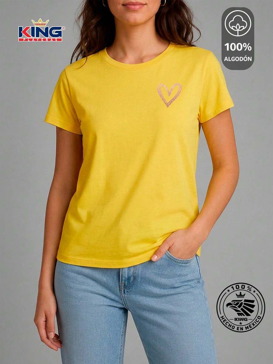 SHENDY VENDY Women's T-Shirt 100% Cotton, Short Sleeve, Round Neck, Soft And Comfortable T-Shirt, Minimalist Heart Print - 黃色 - 查看 1