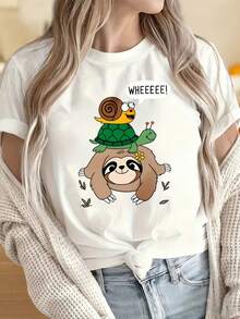 Camiseta Casual Estampada 100% Algodón para Mujeres y Hombres con Cuello Redondo y Mangas Cortas. Camiseta con Gráficos Divertidos de Perezoso, Tortuga y Caracol Apilados con Burbujas de Hab - Blanco - Ver 1