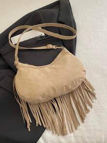 1 buah Tas Selempang Minimalis Unik Warna Polos, Bahan Suede Khaki Halus, Resleting Halus, Hiasan Rivet dan Rumbai, Cocok untuk Wanita - Khaki - View 11