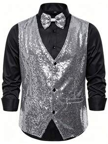 Men's Plus Size Sequin Vest, Glamorous Disco Banquet Stage Nightclub Suit Vest With Bow Tie - Silver - View 2