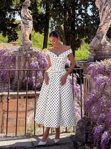 ADYCE Elegant Polka Dot Cold Shoulder Cross Pleat High Waist A-Line Maxi Party Dress For Halloween Prom Evening Date Wedding Guest Family Gathering White - White - View 5