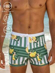 Herren neue grüne Badehose mit Fruchtmuster-Patchwork, reinweißer Taille mit Futter, Kordelzug an der Taille, modische Badeshorts für Strand, Urlaub, Meeresküste, heiße Quellen und Wasserspaß - Verschiedenfarbig - Übersicht 7