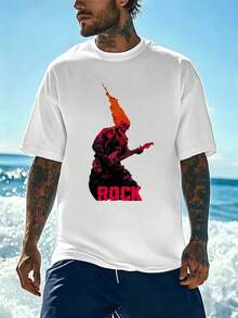 Herren-T-Shirt mit Rockgitarren-Flammenprint, atmungsaktiv, für Frühling, Streetstyle und Hip-Hop - Weiss - Übersicht 2