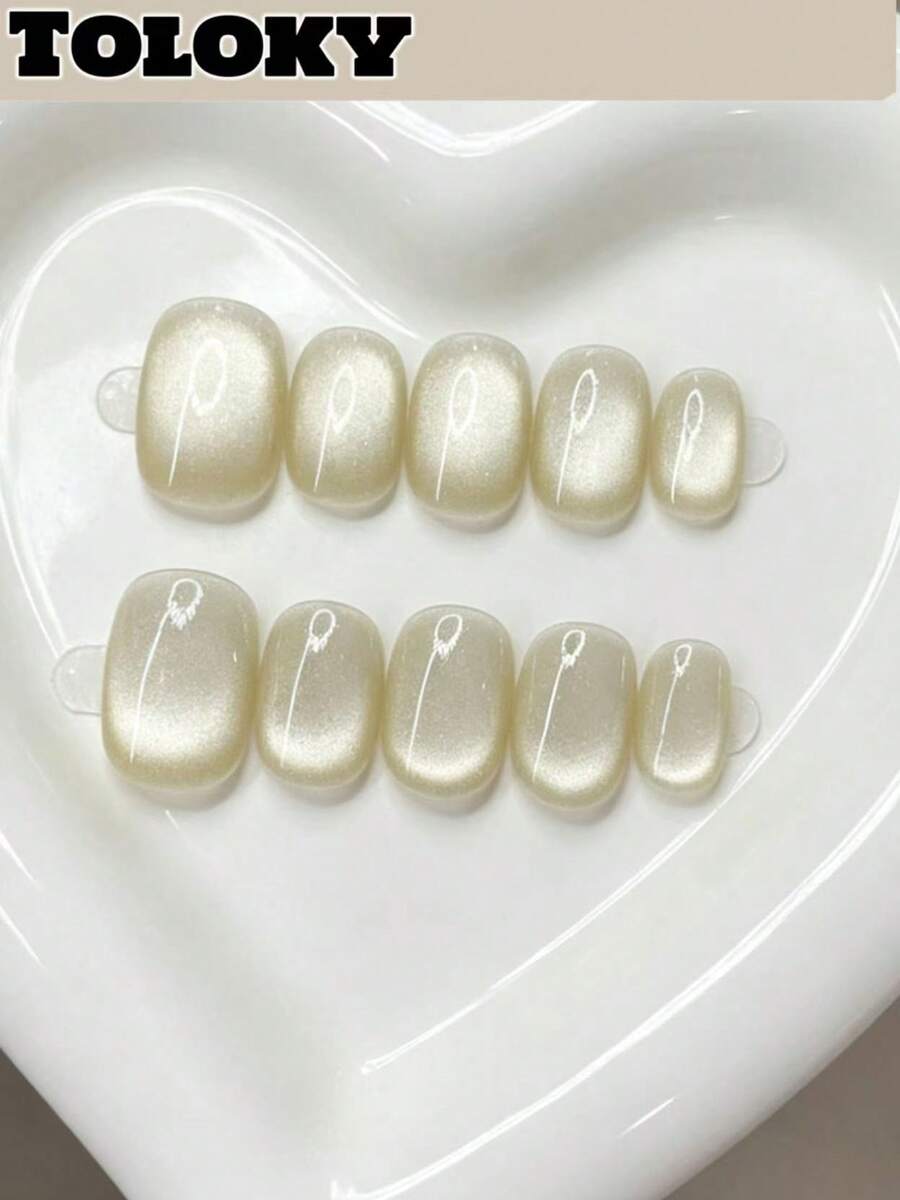 Toloky 短圓形裸色奶白色貓眼穿戴甲,極簡風假指甲,簡約溫柔霧面珍珠光 Coquette 手工可重複使用假指甲片,適合辦公室日常休閒美甲、返校季、Y2K 風格夏季美甲、日常旅行度假 - 彩色 - 查看 1