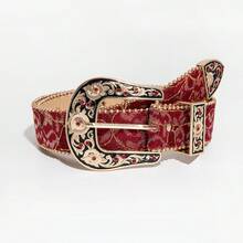 1pc Multi-Color Bohemian Pattern Floral Buckle Metal Buckle Colorful Floral Women's Decorative Waist Belt For Commute And Daily Use - Wine Red Lace - View 9
