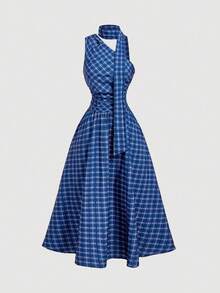 Vestido midi sin mangas con estampado de lunares para mujer - Azul marino - Ver 13