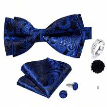 5Pcs Blue Paisley Jacquard Men Accessory Set, Bow Tie Pocket Square Cufflinks Ring Boutonniere, Random Cufflink Patterns, For Groom Wedding - Blue - View 2