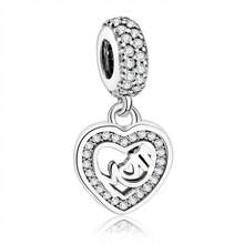 1pc S925 Sterling Silver Double Layer Heart MOM Pendant Bead, Heart-Shaped Frame Fully Pave White Zirconia, Mother's Day Gift DIY Snake Chain Bracelet Silver Charm - Silver - View 3