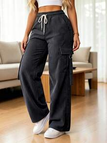 Women's New Solid Color Woven Fabric Drawstring Long Pants, Suitable For Daily, Home, Office, Spring, Summer, Autumn Wear - Dark Grey - View 5