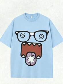 Epic Funny Dizzy Monster Print Washed Cotton T-Shirt, 220g Vintage Streetwear Loose Short Sleeve Tee, Aesthetic Casual Summer Top - 淺藍色 - 查看 1