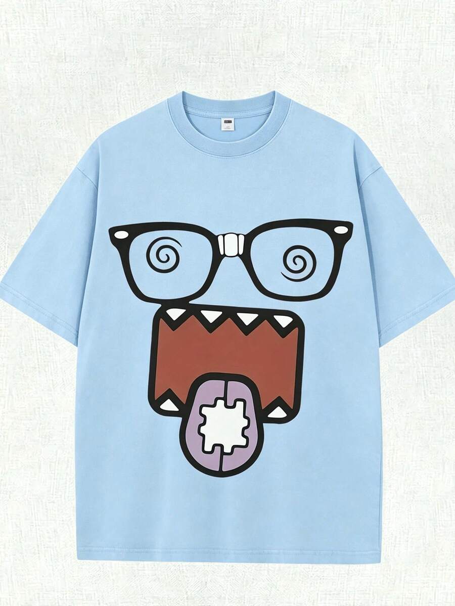 Epic Funny Dizzy Monster Print Washed Cotton T-Shirt, 220g Vintage Streetwear Loose Short Sleeve Tee, Aesthetic Casual Summer Top - 淺藍色 - 查看 1