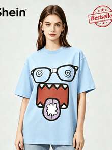 Epic Funny Dizzy Monster Print Washed Cotton T-Shirt, 220g Vintage Streetwear Loose Short Sleeve Tee, Aesthetic Casual Summer Top - 淺藍色 - 查看 2