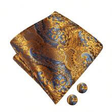 5Pcs Khaki Tropical Plant Jacquard Men Accessory Set, Bow Tie Pocket Square Cufflinks Ring Boutonniere, Random Cufflink Patterns,For Groom Wedding - Khaki - View 5