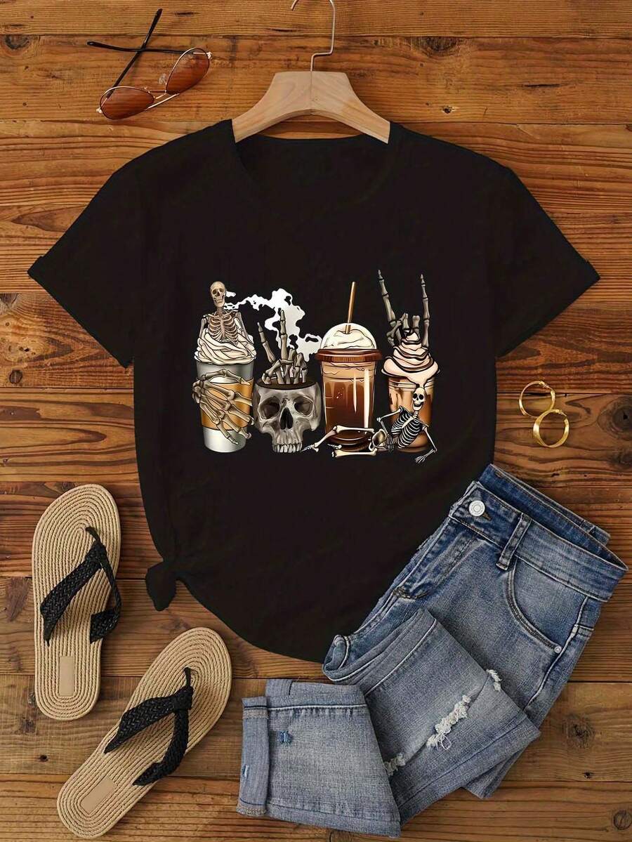 Casual Short-Sleeved T-Shirt With Round Neck And Gothic Skull Print For Latte, Fashionable Sports Top, Casual/Urban Clothing For Women - 黑色 - 查看 1