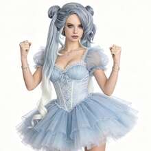Peruca de Anime Cosplay Pré-Estilizada Ombré Prateado para Branco Longa e Cacheada com Duas Caudas, Coques Duplos e Franja para Personagens Femininas em Temas de Fantasia ou Ídolo, Cabelo Sintético Premium Resistente ao Calor com Maria-Chiquinhas Volumosas e Pontas Onduladas para Uso Diário, Festa e Halloween - Multicolorido - Visão 4