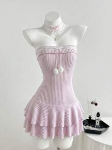 Vestido mini con volantes en el bajo, decorado con pompones, cintura corta y volantes en capas. Femenino, elegante, vintage, adecuado para citas, uso diario, primavera/verano - Rosa - Ver 1