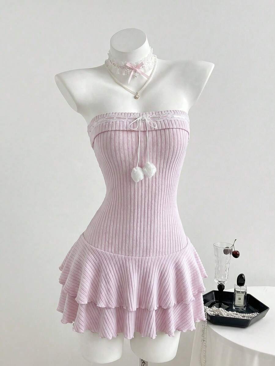 Vestido mini con volantes en el bajo, decorado con pompones, cintura corta y volantes en capas. Femenino, elegante, vintage, adecuado para citas, uso diario, primavera/verano - Rosa - Ver 1