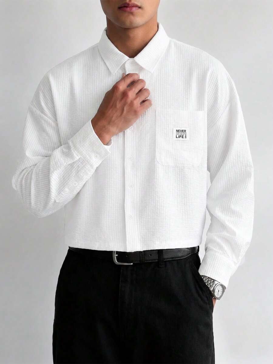 Camisa de manga larga con bolsillo en el pecho y textura blanca para hombres GloMan, transpirable para vacaciones en la playa, calle, uso casual diario, salidas, para padre/esposo - Blanco - Ver 1