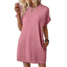 Nuevo producto de verano transfronterizo europeo y americano: vestido de manga corta para mujer, holgado, de cuello redondo, con bolsillos y de color sólido. - Rosa - Ver 5