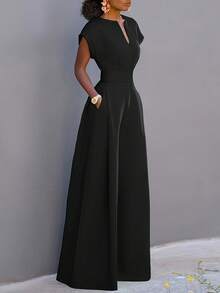 Mono elegante, pantalón largo de pierna ancha, mono de mujer de moda de pierna larga, Niannian - Negro - Ver 2