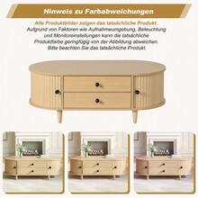 Table basse ronde avec portes enroulables, table basse à 2 tiroirs, table d'appoint, table de salon en MDF, console avec pieds en bois massif, 100 * 50 * 36 cm, charge maximale 50 kg - Bois naturel - Voir 5